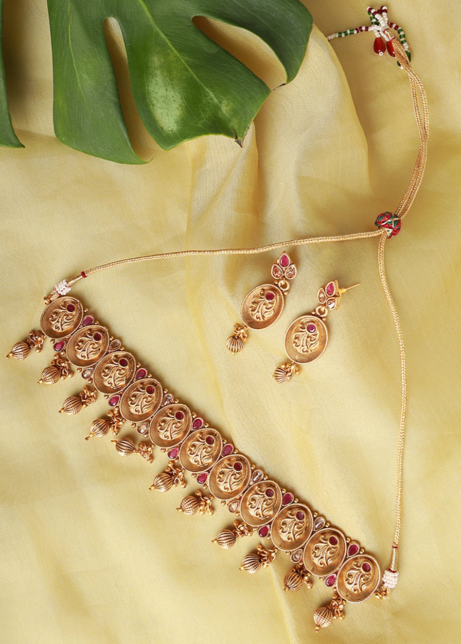 Gold-Plated Emarald Floral Antique Choker Jewellery Set