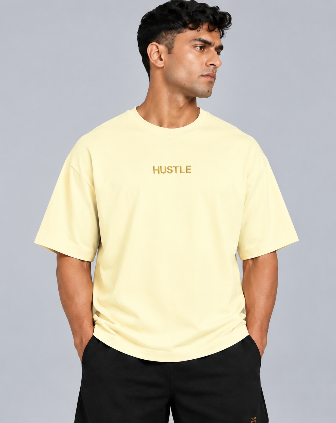 HUSTLE Essentials Men's Oversized T-Shirt | Off White | Embroidered Logo