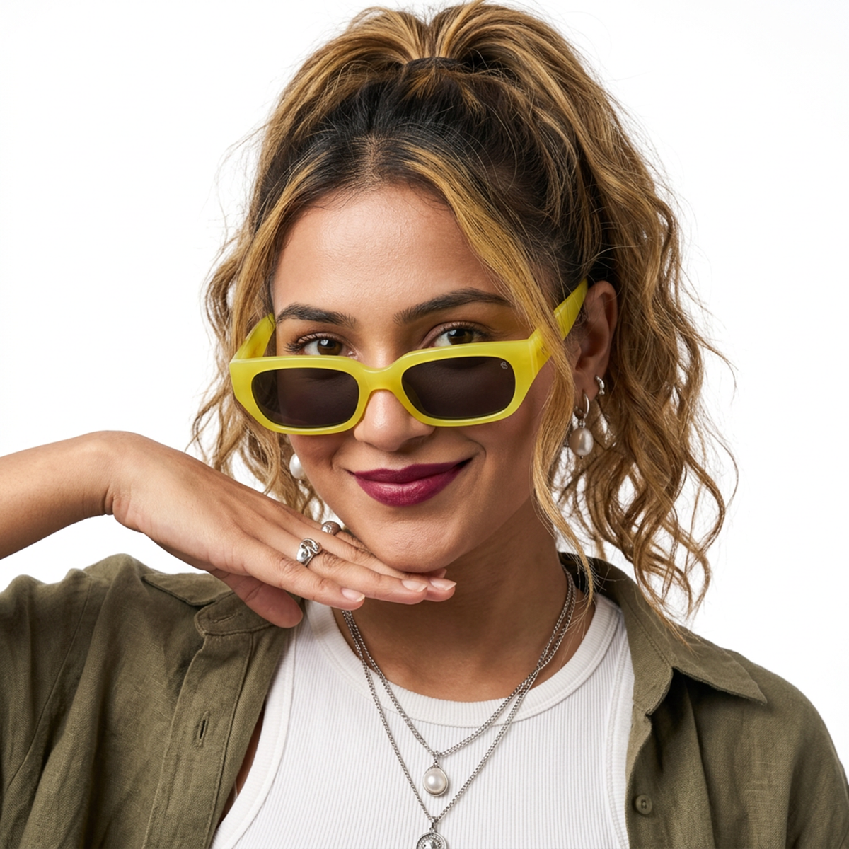 Eyejack Yellow Rectangle Sunglasses for Men and Women - worn by a male model (image 3)