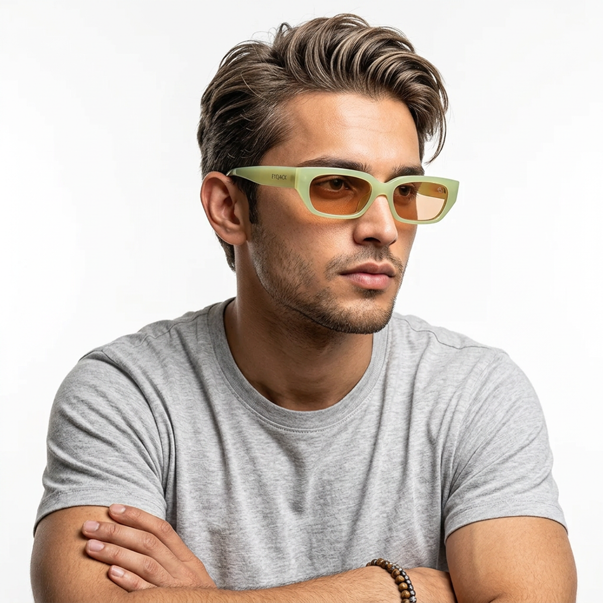 Eyejack Green Rectangle Sunglasses for Men and Women - worn by a male model (image 1)