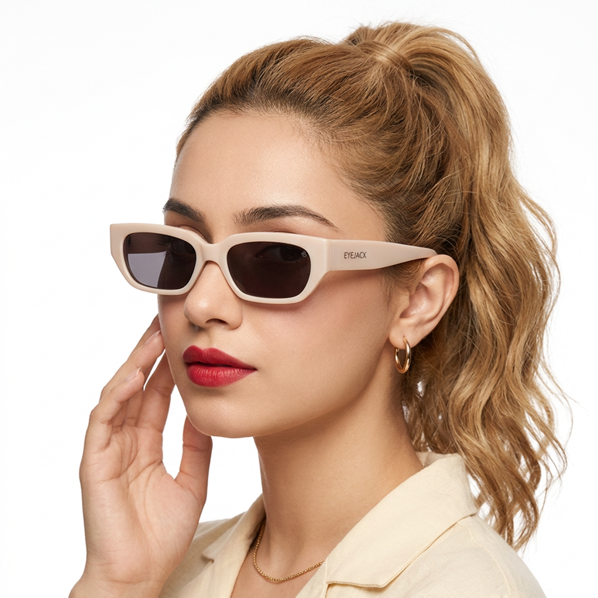 Eyejack White Rectangle Sunglasses for Men and Women - Style L987 - worn by a male model (image 3)