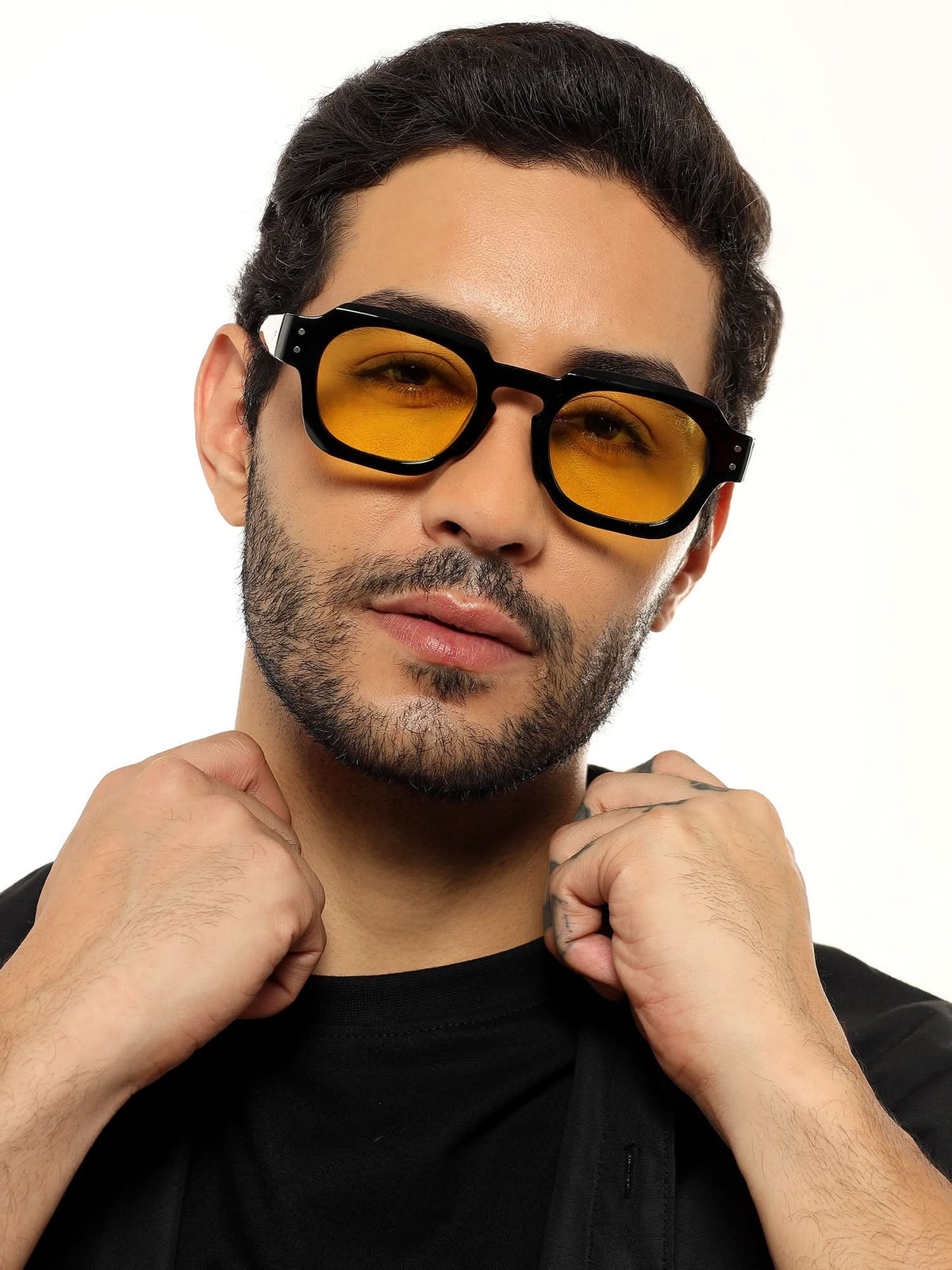 Milan Black Round Sunglasses for Men and Women - Style L991 - worn by a male model (image 7)