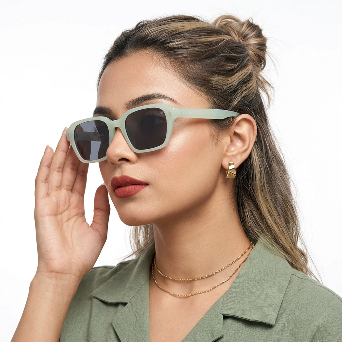 Eyejack Sea Green Square Sunglasses for Men and Women - worn by a male model (image 3)
