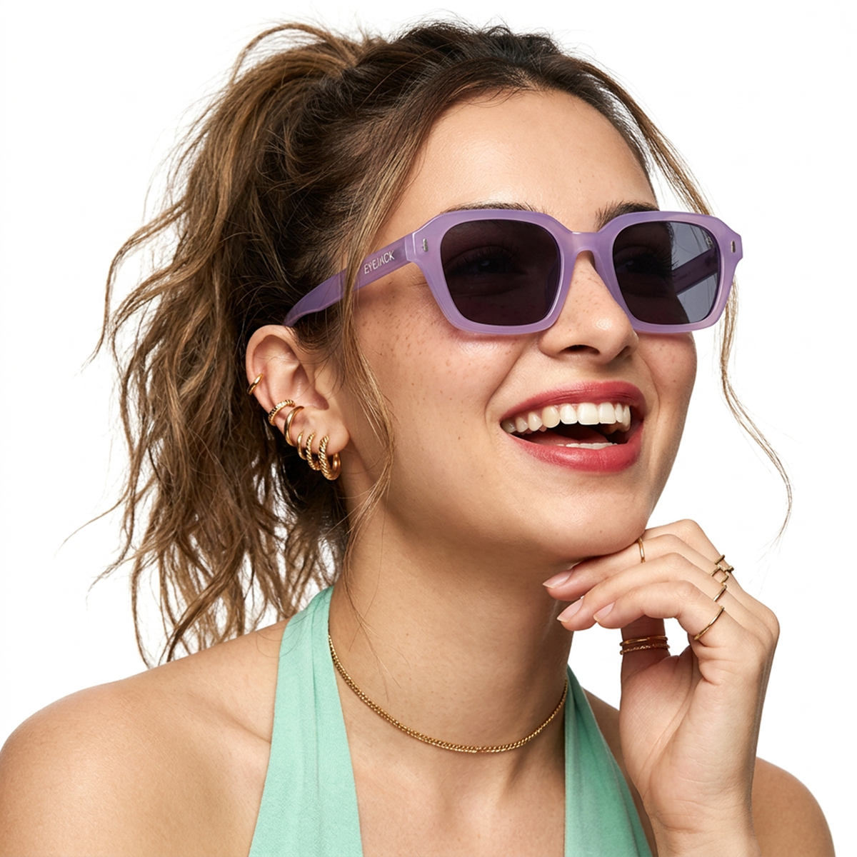 Eyejack Purple Square Sunglasses for Men and Women - worn by a male model (image 3)