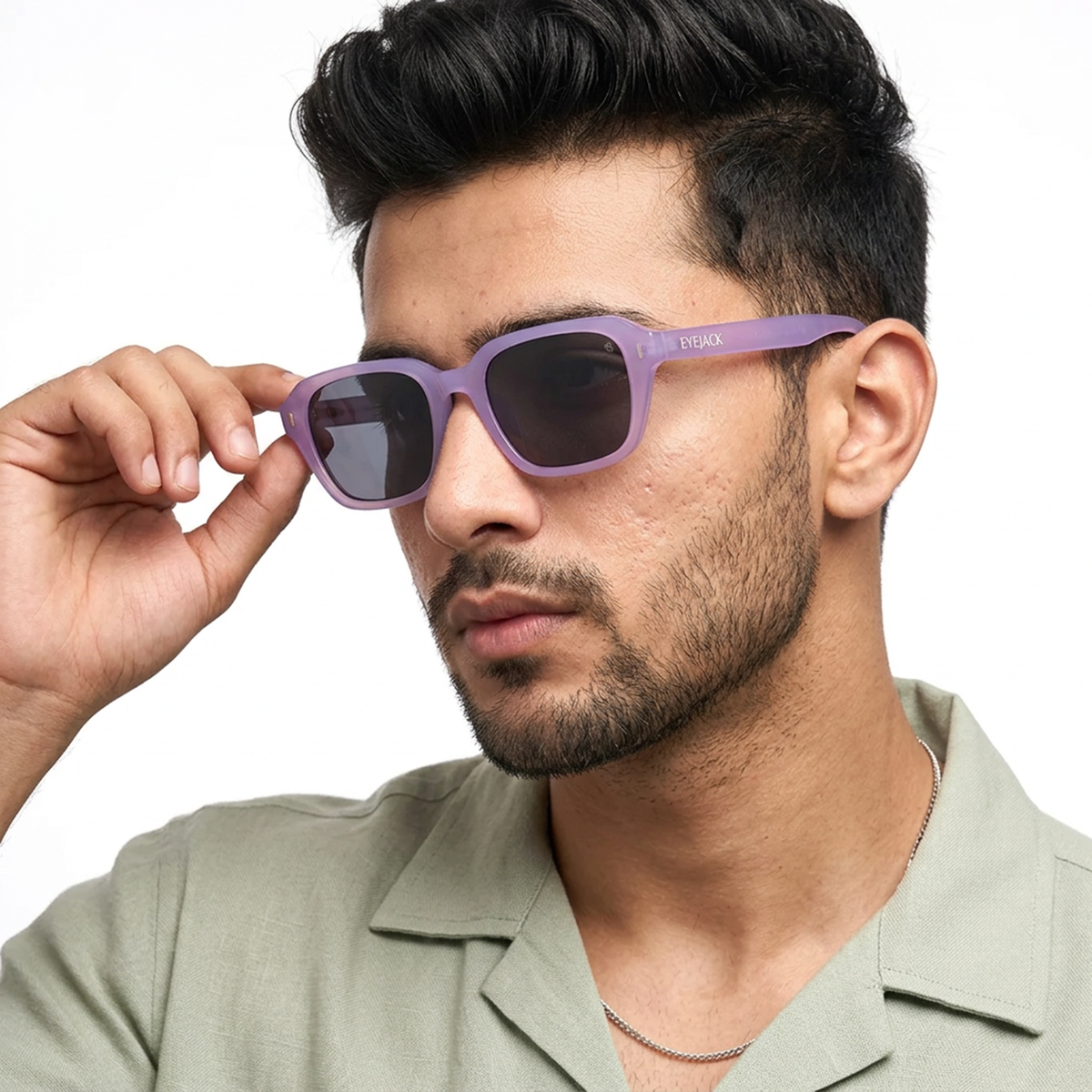 Eyejack Purple Square Sunglasses for Men and Women - worn by a male model (image 1)