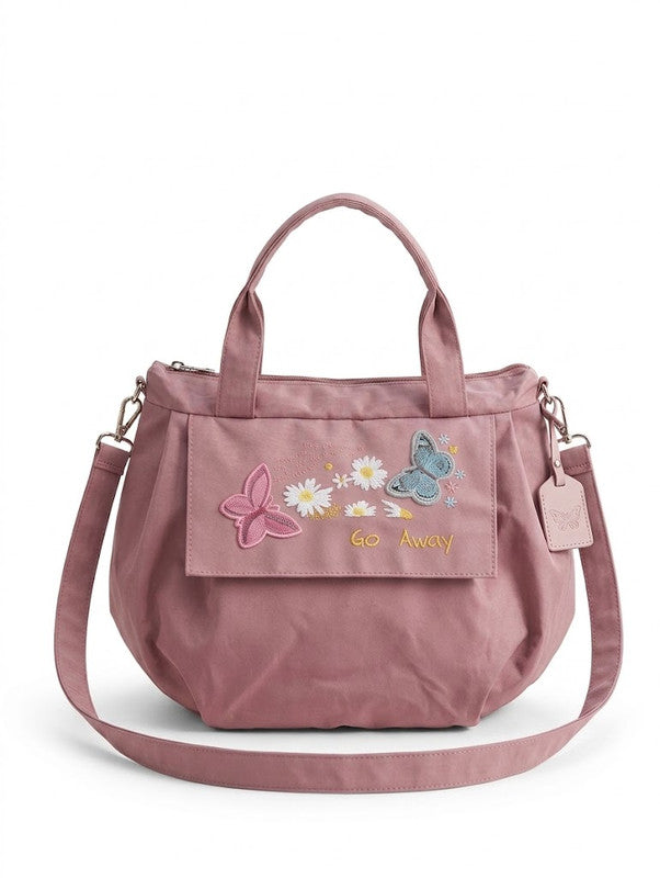 Buddy Cares Women Floral & Butterfly Embroidered Shoulder Bag | Adjustable Crossbody Strap – Pink – Buddy Cares