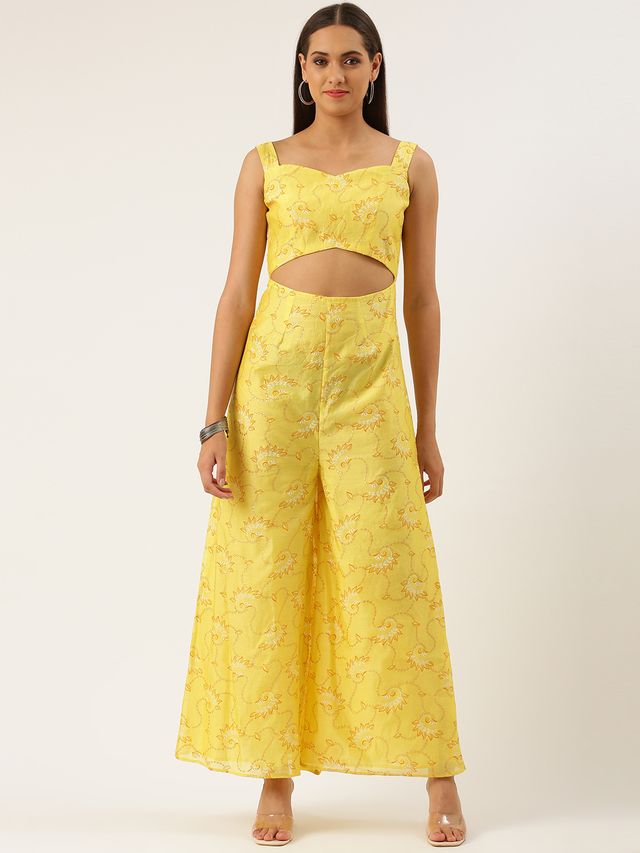 Bollywood Vogue Ready To Wear Yellow Foil Printed Jumpsuit
