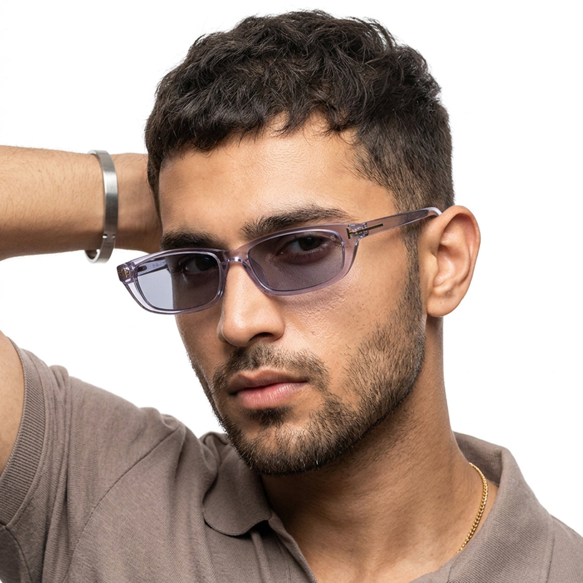 Eyejack Grey Rectangle Sunglasses for Men and Women - Style 1021 - worn by a male model (image 3)