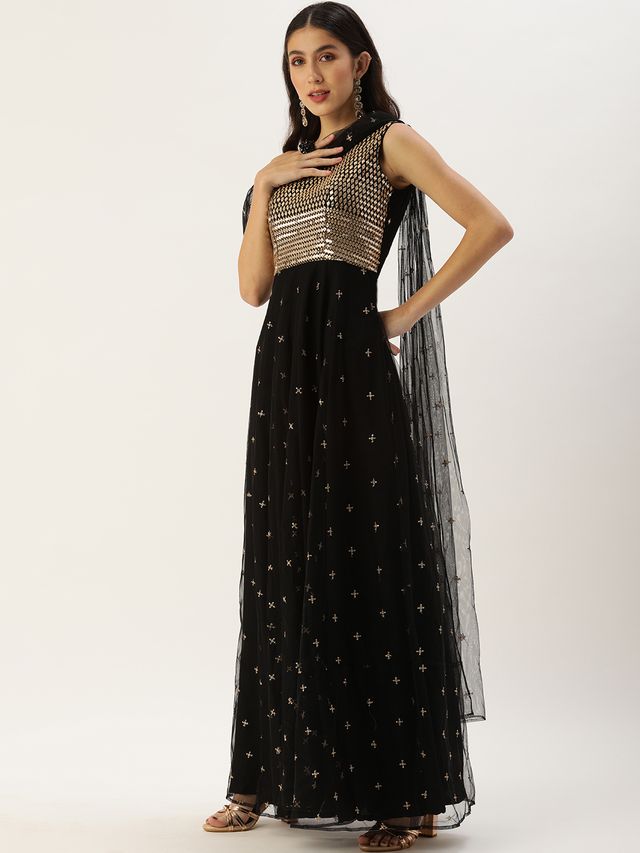 Bollywood Vogue Ready To Wear Black Net Embroidered One Shoulder Gown