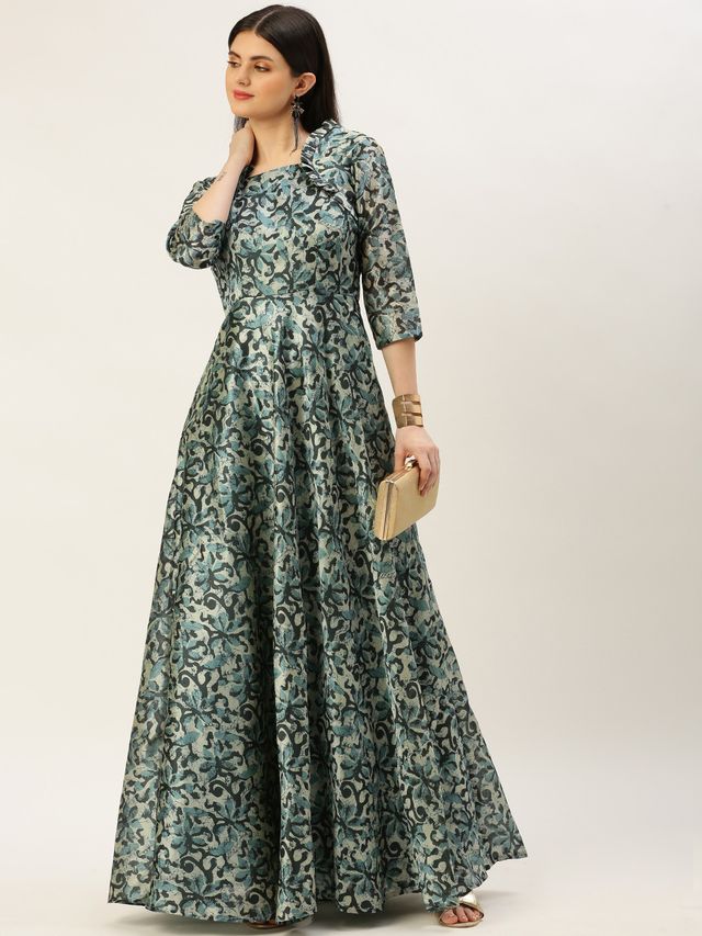 Bollywood Vogue Ready To Wear Sage Green Digital Printed Maxi Dress