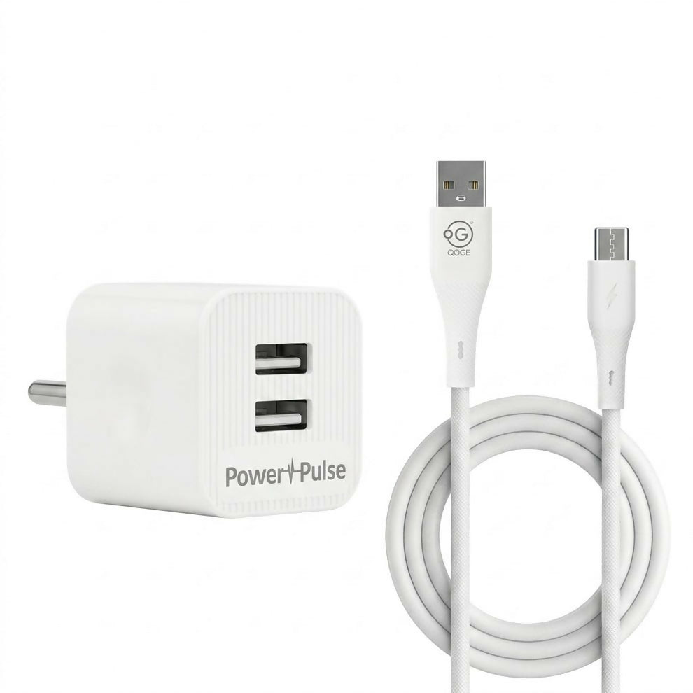 Ooge Charge 5 Type-C 18W Fast Charger with Dual USB Ports & USB Cable | Compact White Charger