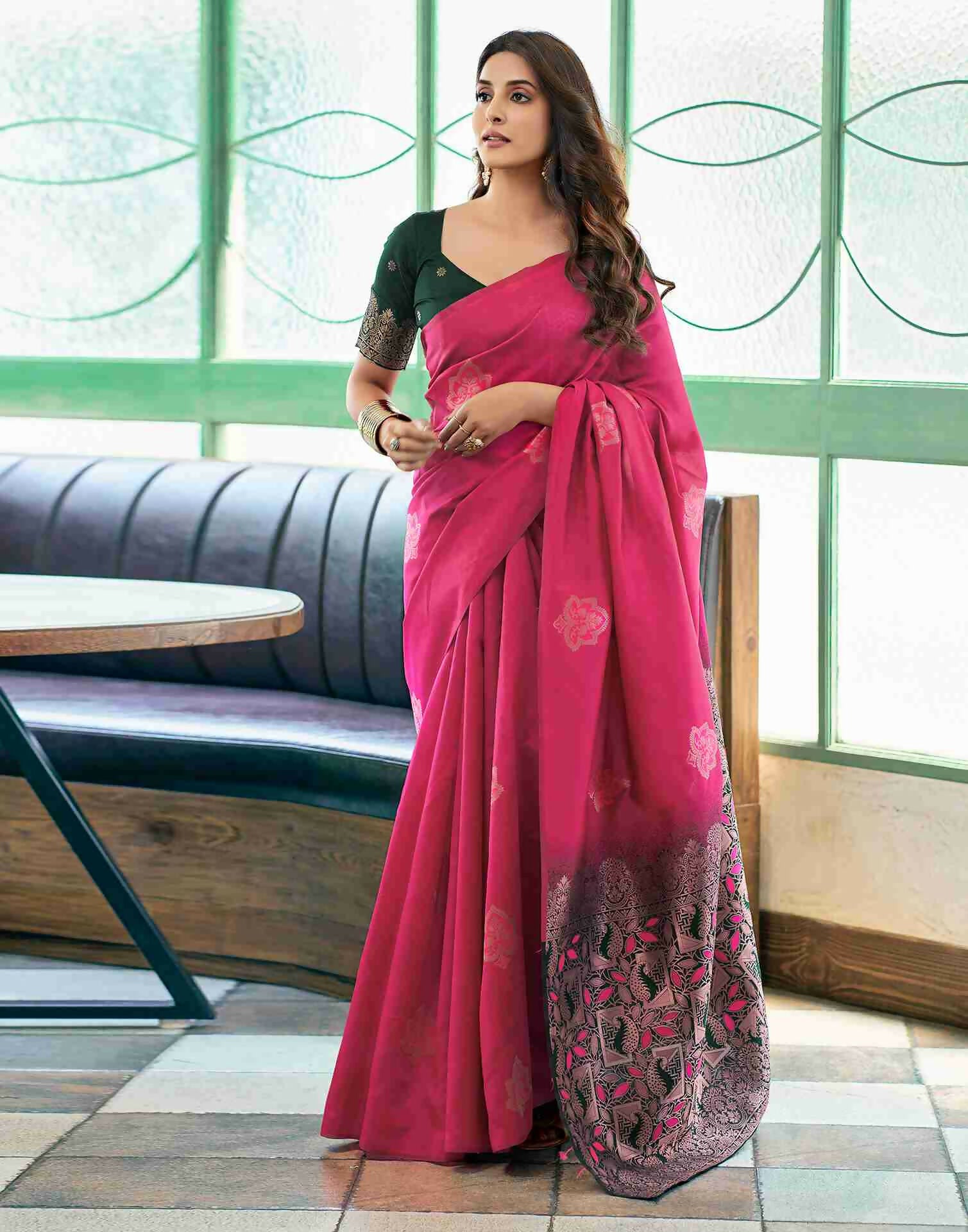 AXONIT Luxury Wedding Wear Emerald Soft Silk Saree with Heavy Golden Zari Work and Mustard-Gold Designer Pallu