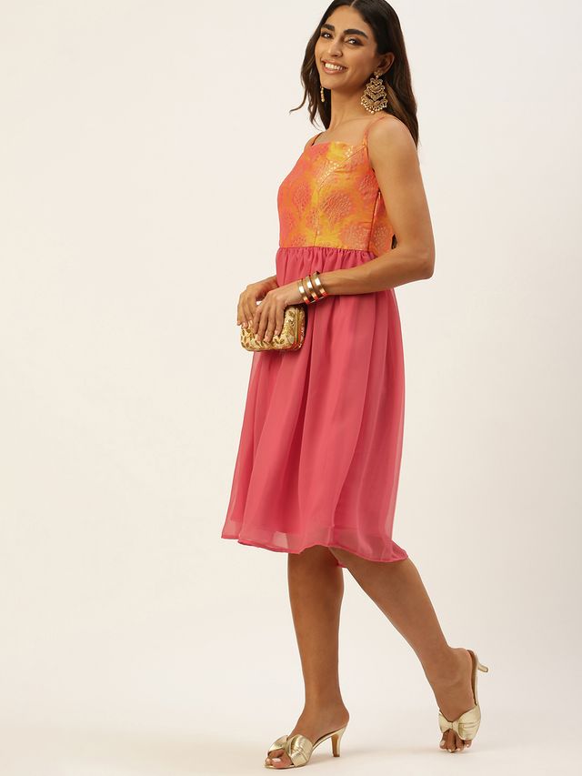 Bollywood Vogue Ready To Wear Mustard Taffeta Jacquard N Pink Dress
