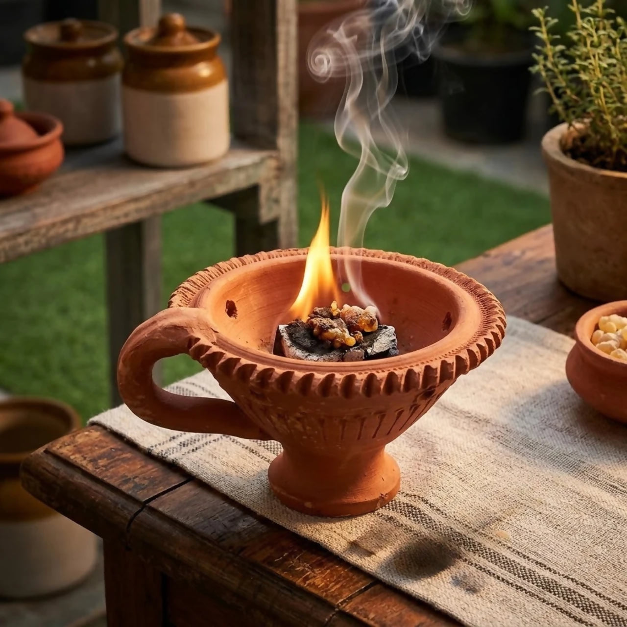 Santarms Handcrafted Terracotta Luban Burner – Earthenware Incense & Dhoop Holder, Brown