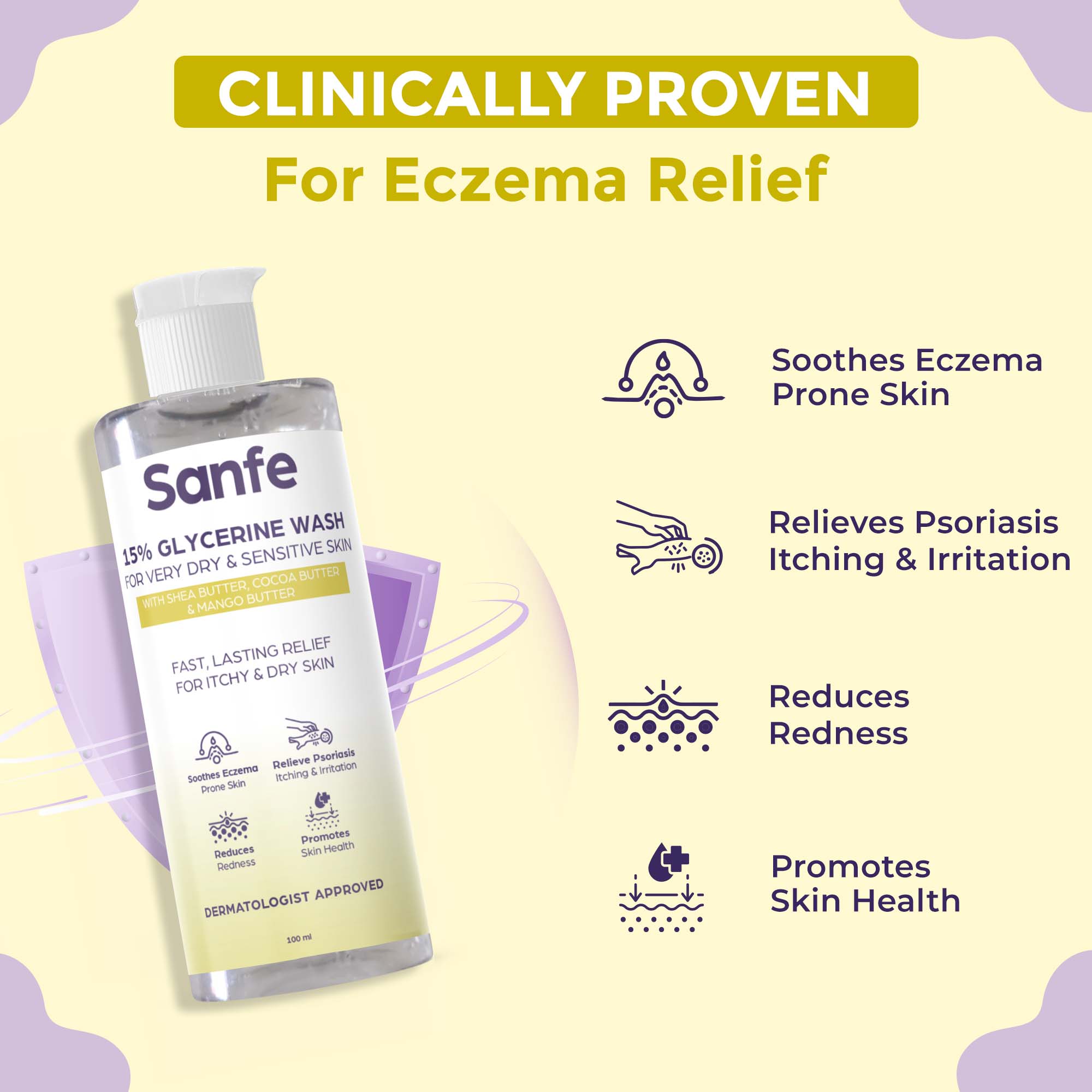 Sanfe Eczema Relief Wash For very very dry skin for Soothes Eczema, Relieve Irritation & Itching, Reduces Redness | Rapid Relief Formula - 100ml