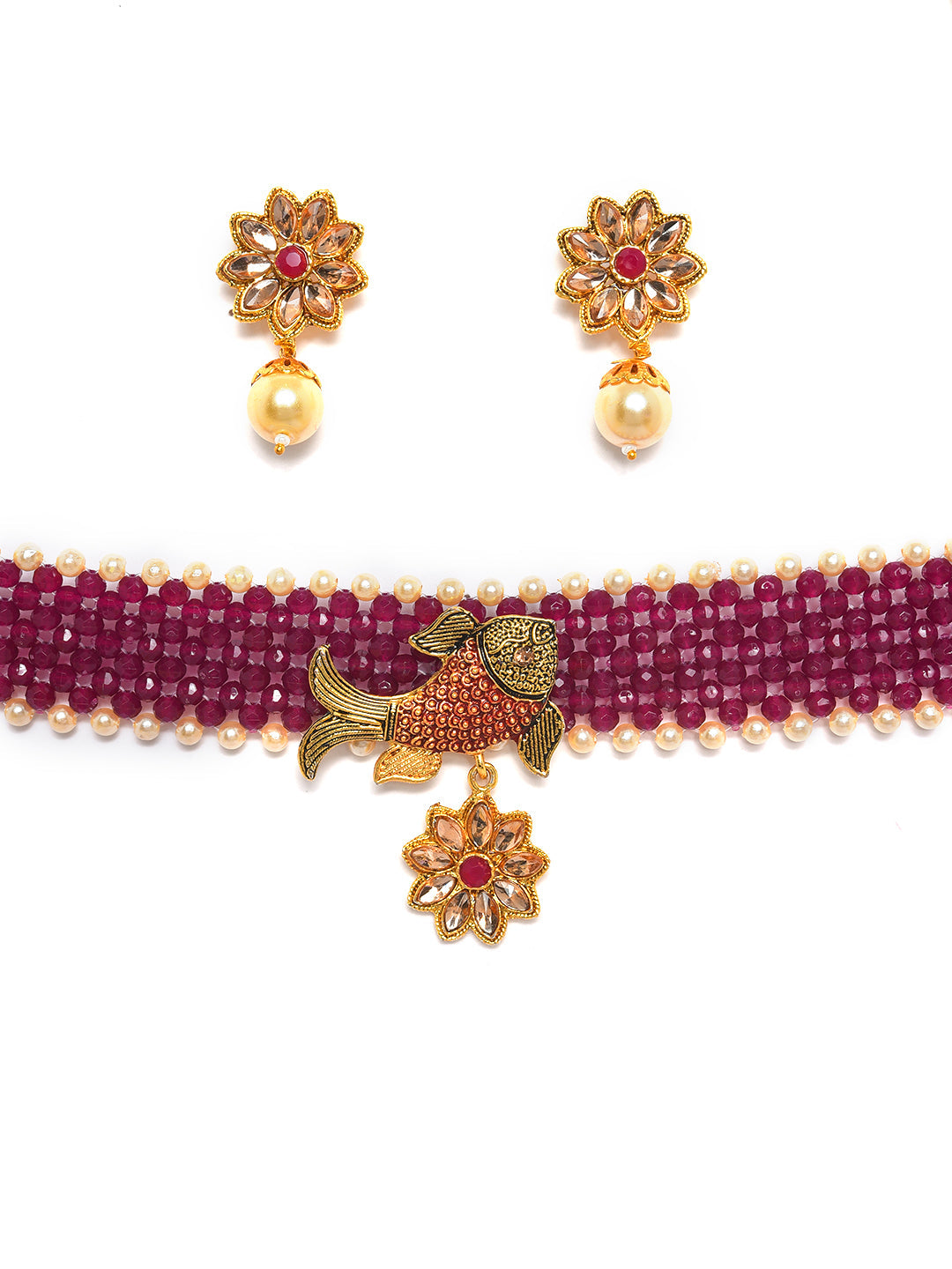 Gold-Toned & Mahroon Fish Studded & Beaded Jewellery Set