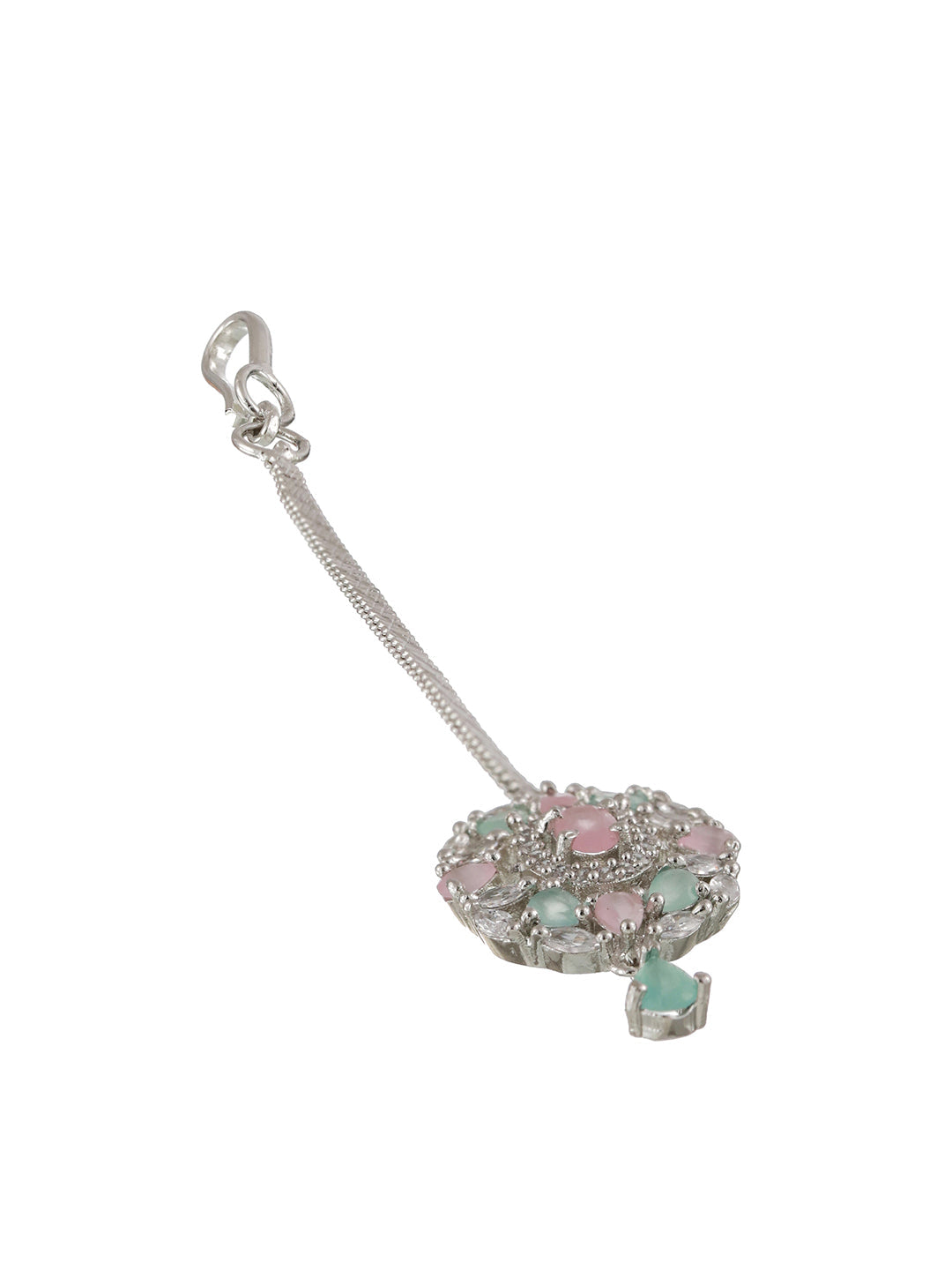 Silver Plated Pink & Mint Green American Diamond Studded Handcrafted Necklace Set With Maangtikka