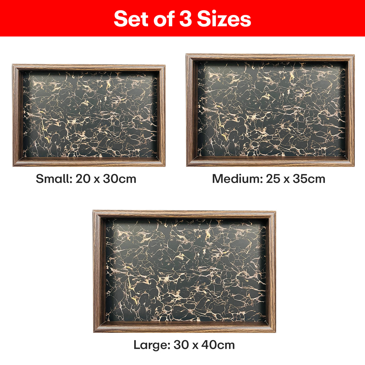 Rioware Wooden Serving Tray Set of 3 | Bamboo Tea & Coffee Serving Trays | Decorative Resin Kitchen & Dining Tray Set | Snack, Breakfast & Home Décor | Midnight Ember