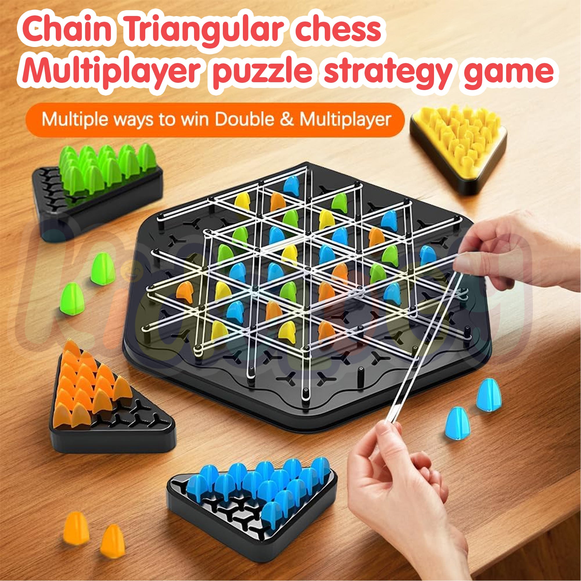Kidology Chain Triangle Chess Game Triggle Rubber Band Game for Kids & Adults, Fun Family Board Game, Brain Teaser Puzzle, Interactive Chess Set for 2-4 Players, Multicolour