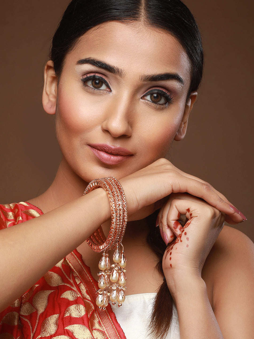Set Of 4 Rose Gold-Plated Crystal Studded & Beaded Bangles