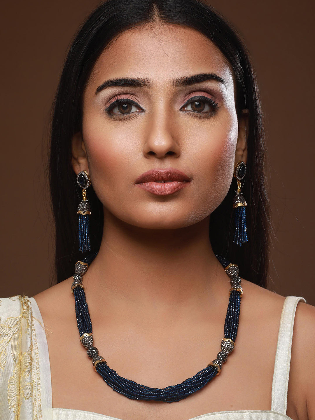 Gold-Plated Stone Studded & Beaded Necklace And Earrings