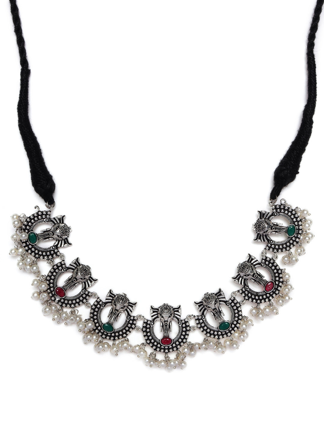Oxidised Silver-Plated & Green Stone-Studded & Beaded Traditional Jewellery Set