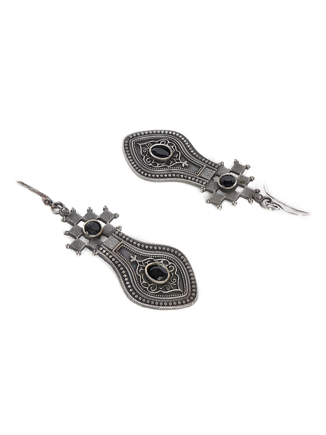 Black Stone Studded & Silver-Toned Contemporary Drop Earrings