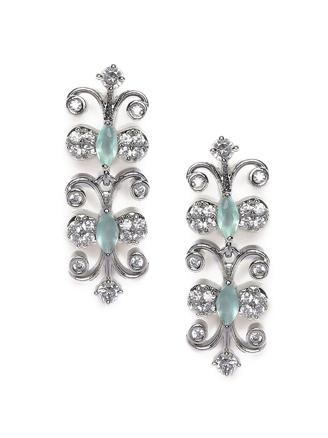 Silver-Plated White & Sea Green Ad-Studded Handcrafted Jewellery Set