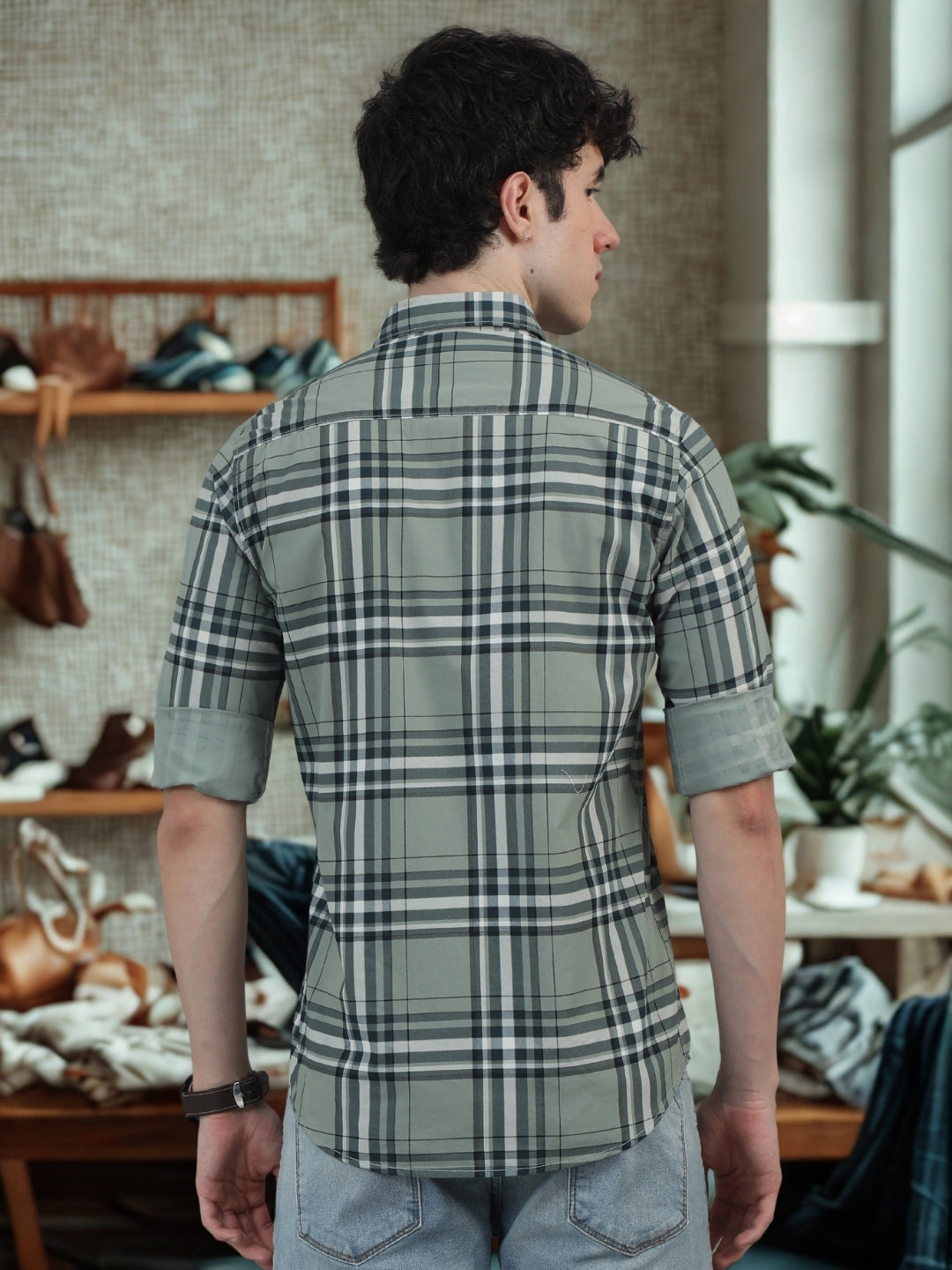 Men Light Green Slim Fit Checks Full Sleeve Casual Shirt Cool Colors