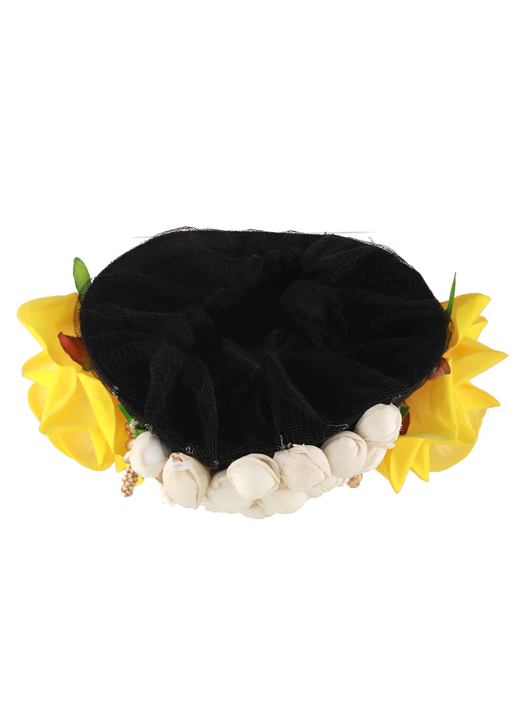 Women Yellow Rose & White Mogra Embellished Artificial Flower Gajra Designed Hair Bun Cover