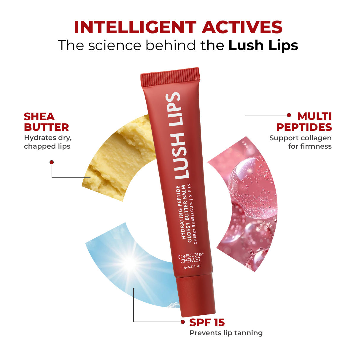 Conscious Chemist Peptide Lip Balm SPF15 | Moisturizing & Sun Protection | Cherry Bubblegum (Pack of 1, 15 g)