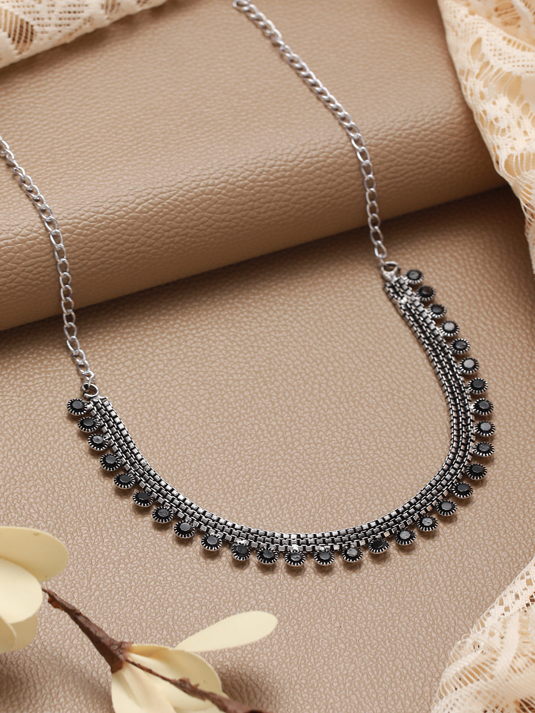 Set Of 2 Silver-Plated Black Artificial Stone Studded Necklace