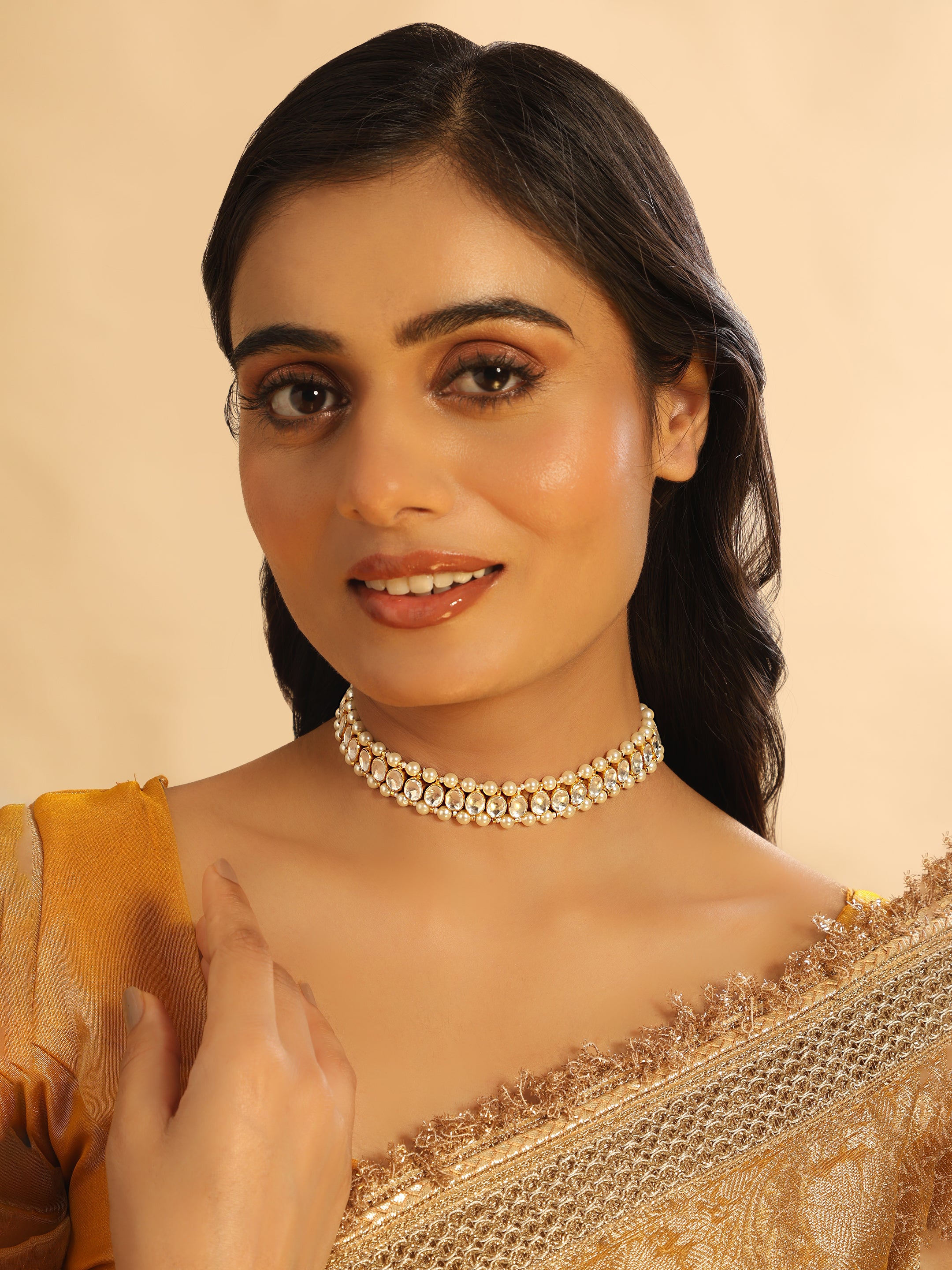 22K Gold Plated Kundan Refined Sleek Choker Necklace