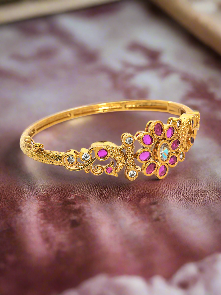 Gold-Plated White Cubic Zirconia Handcrafted,Pink Stone Studded Openable Kada Bracelet