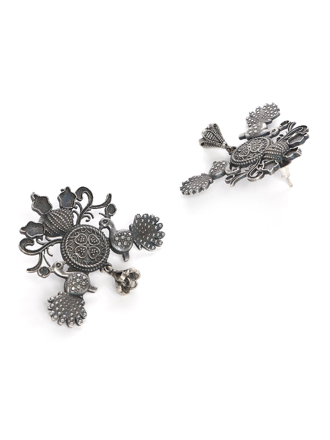 Silver-Toned Peacock Shaped Drop Earrings