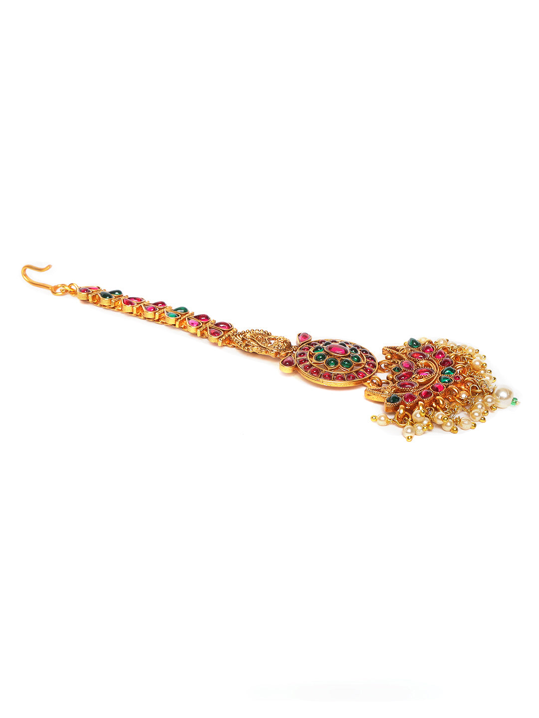 Gold Plated Red & Green Kemp Studded & Pearl Beaded Peacock Maangtikka