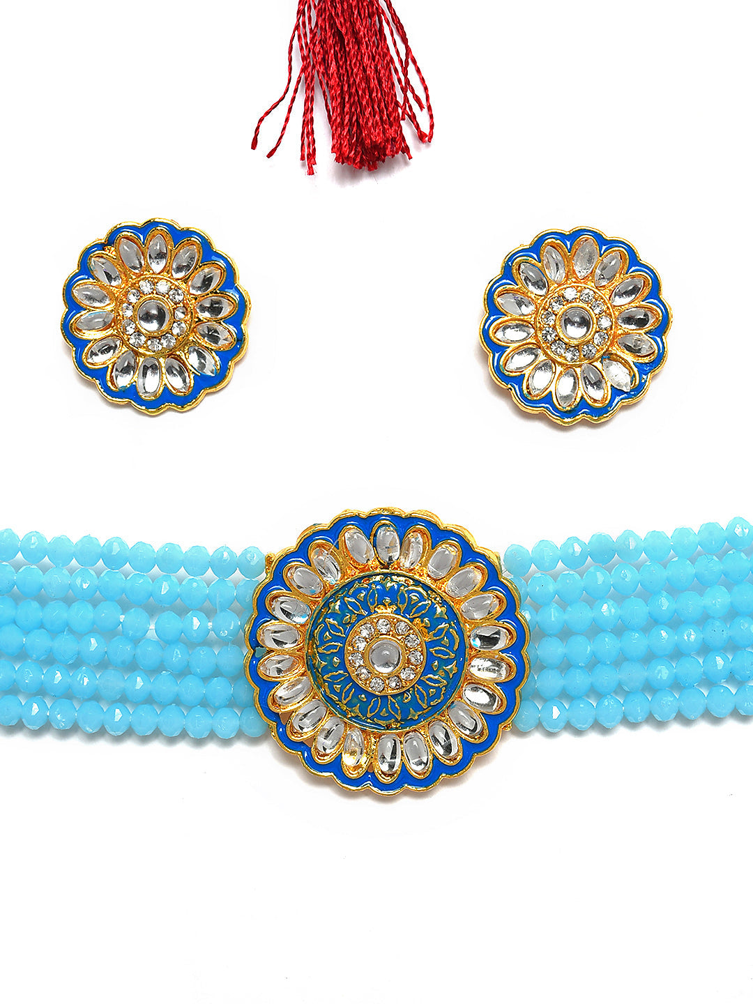 Gold-Plated White & Blue Kundan-Studded & Beaded Meenakari Jewellery Set