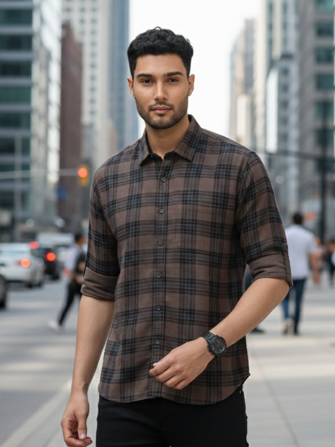 Men Brown Slim Fit Checks Full Sleeve Casual Shirt Cool Colors