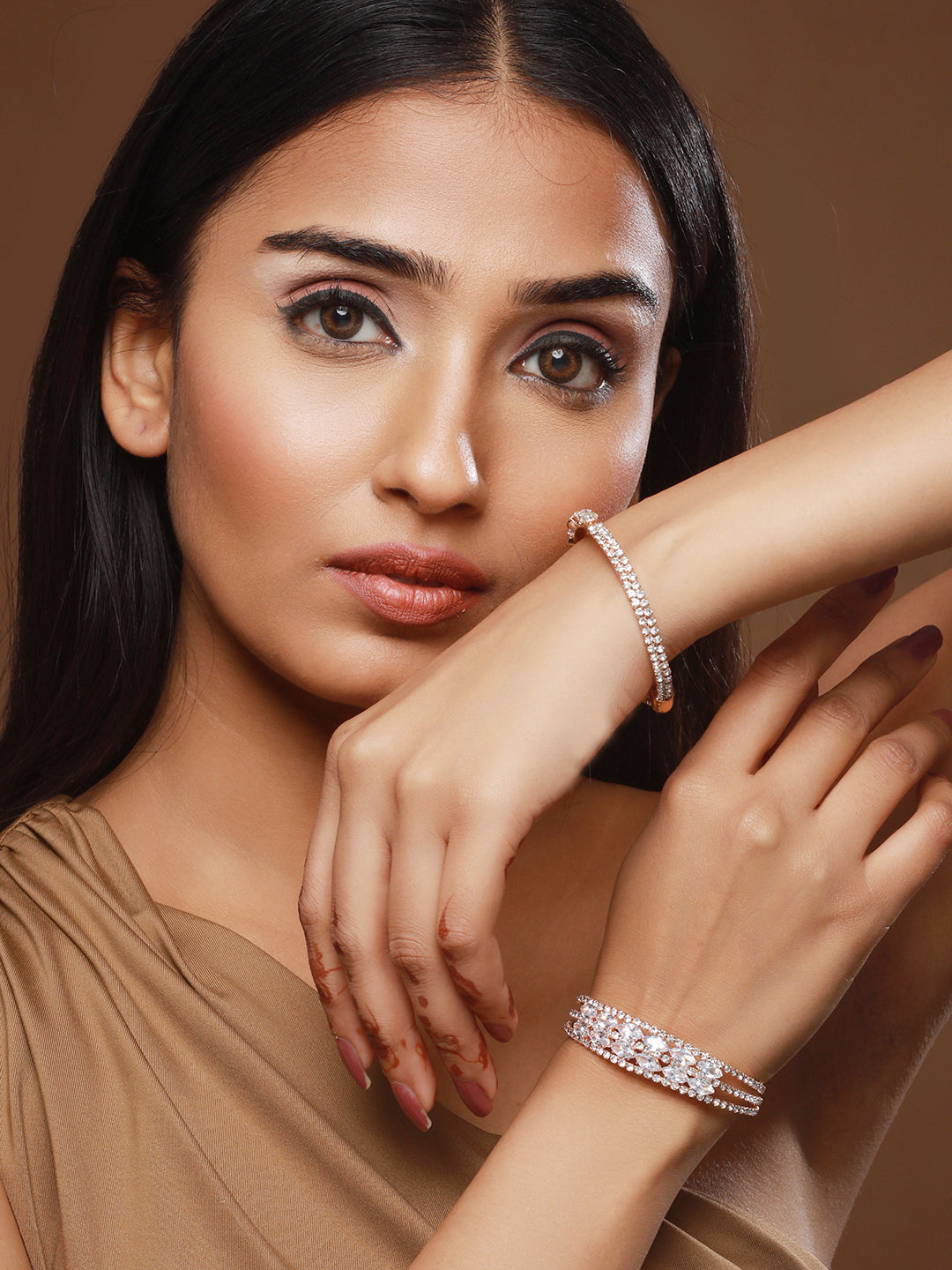 Set Of 2 Rose Gold-Plated White Crystal Studded Cuff Bracelet
