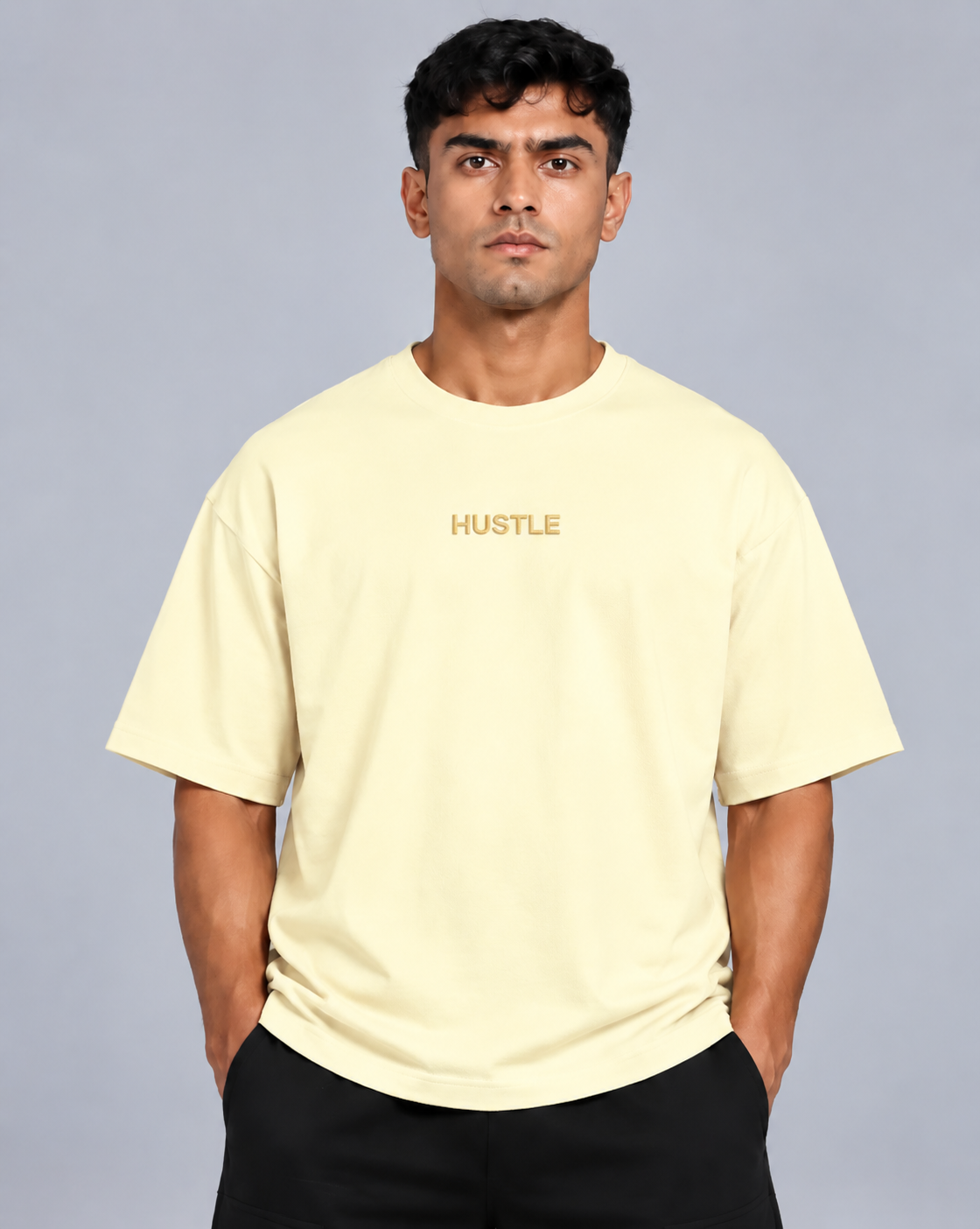 HUSTLE Essentials Men's Oversized T-Shirt | Off White | Embroidered Logo
