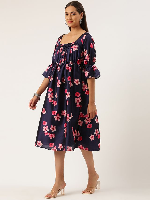 Bollywood Vogue Ready To Wear Blue Printed Art Silk Dress