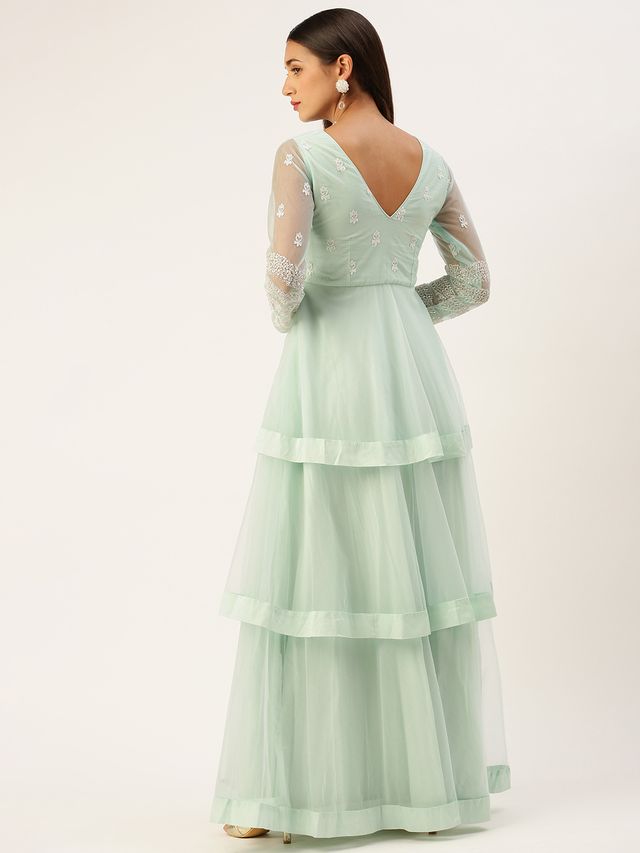 Bollywood Vogue Ready To Wear Light Sea Green Net Embroidered Gown
