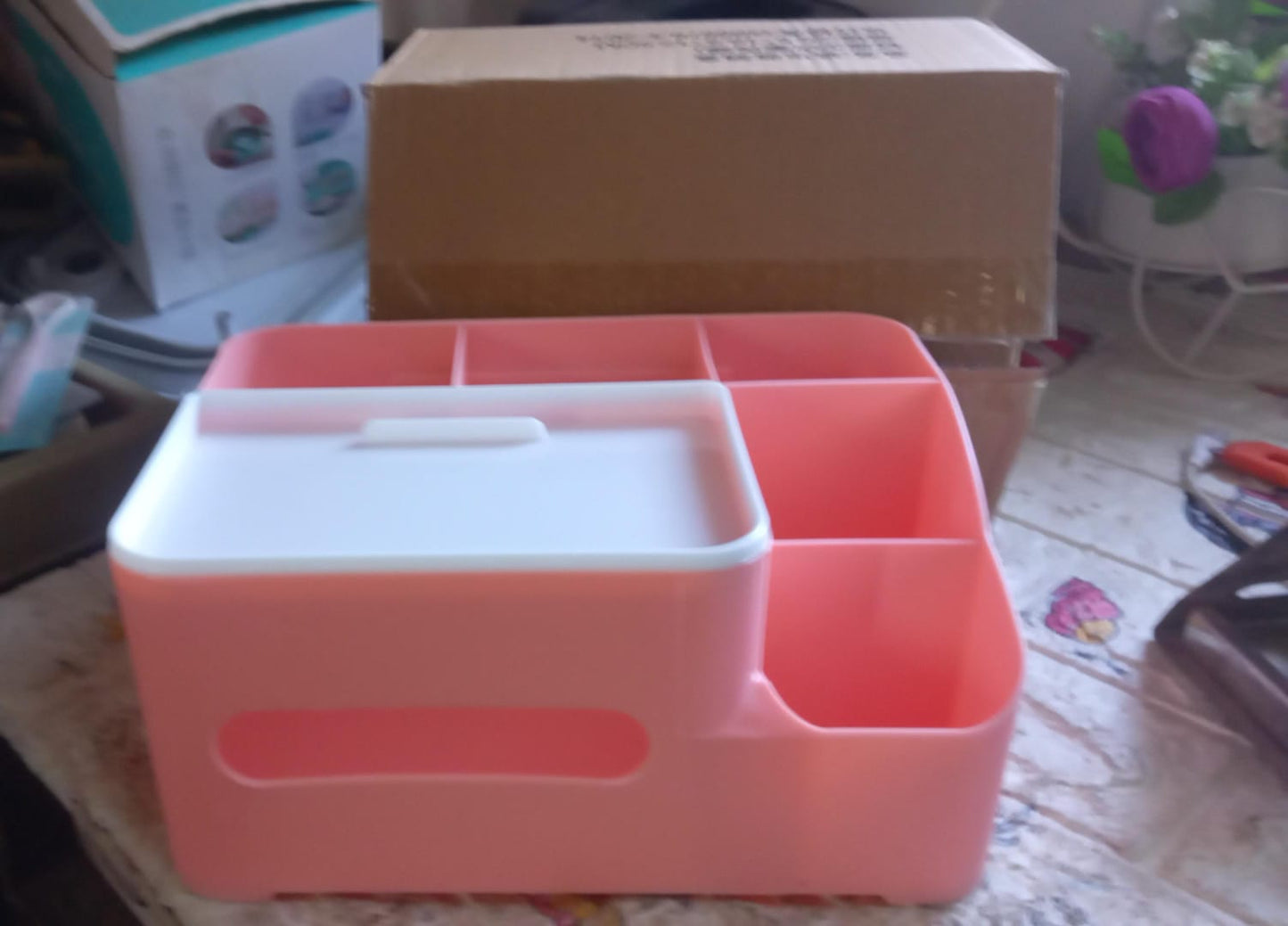 Multi-Function Desk Organizer with Tissue Holder – 6 Compartments for Home & Office