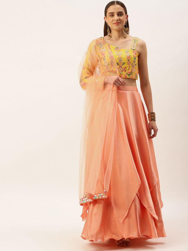Bollywood Vogue Ready To Wear Yellow Embroidered Peach Lehenga Set