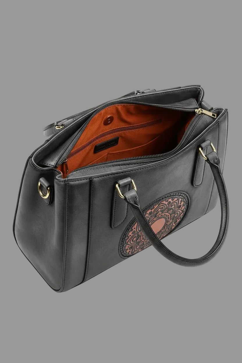 Elegant Grey Mandala Embossed Handbag – Boho Chic Tote with Crossbody Strap RAYORA ENTERPRISE