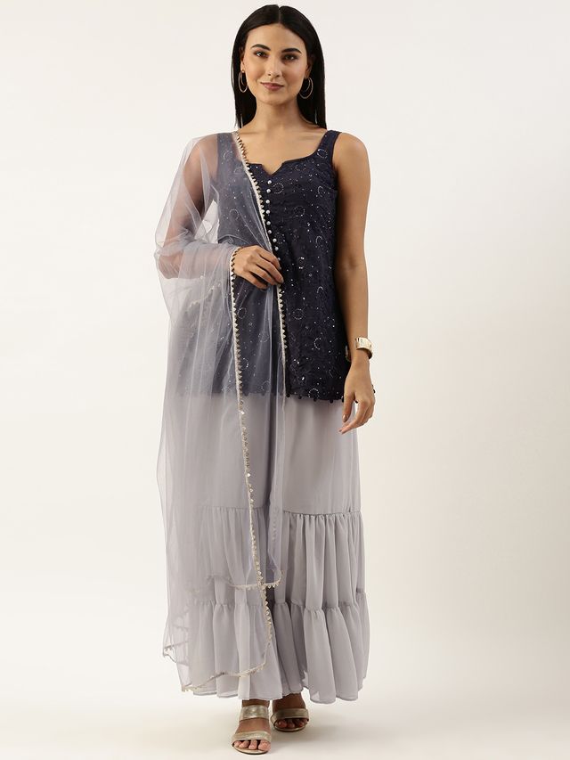 Bollywood Vogue Ready To Wear Dark Grey Georgette Embroidered Gharara Suit