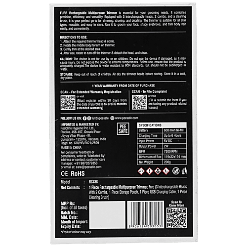 Furr By Pee Safe Rechargable Multipurpose Trimmer For Women, 1 Unit