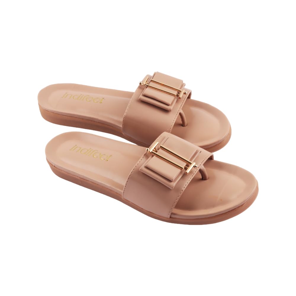 Indifeet Flat Buckle Sliders for Women - Nude - View 5