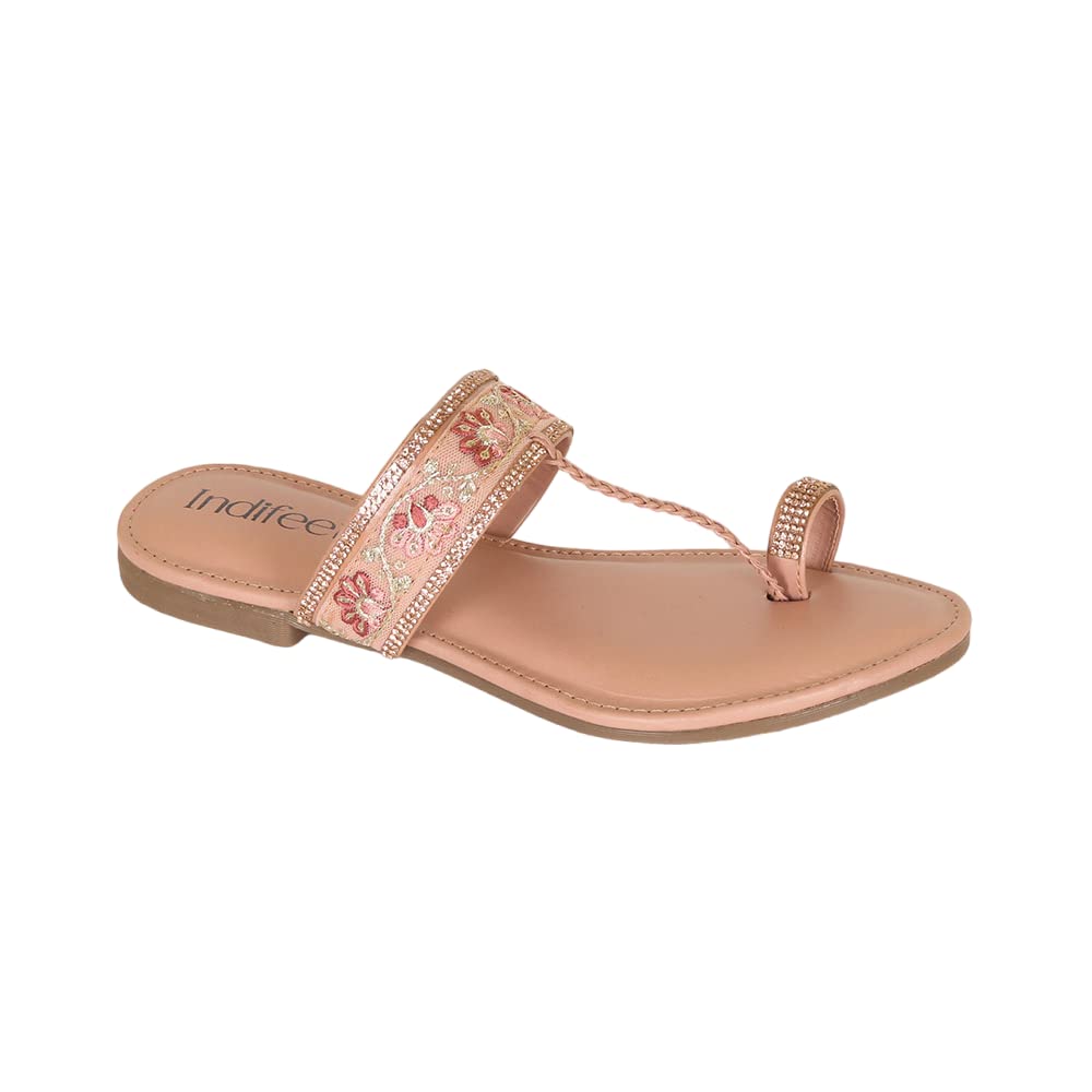 Indifeet Kolhapuri Flat Chappals for Women - Peach - Size 8