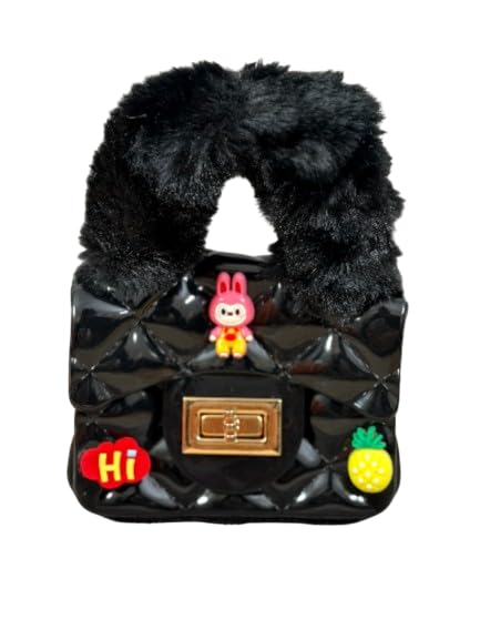 Buddy Cares Girls Hand-Held Quilted Sling Bag with Fur Handle and Charms – Kids Handbag – Black